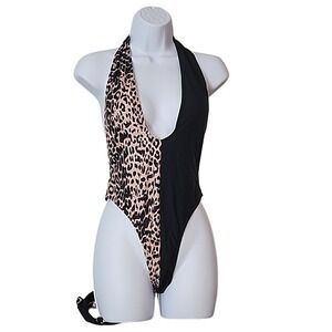 Plunge Neckline Halter Black Leopard Cheetah Print One Piece Swimsuit Sz S